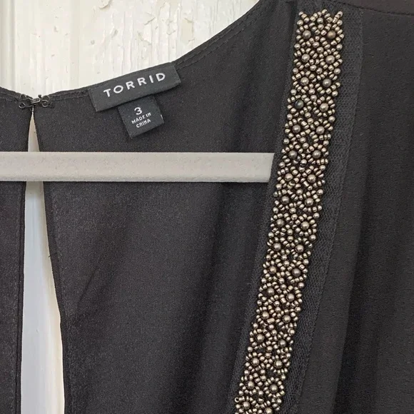 Torrid Black Crepe & Chiffon Romper with Gold Trim, Size 3 - Picture 2 of 6